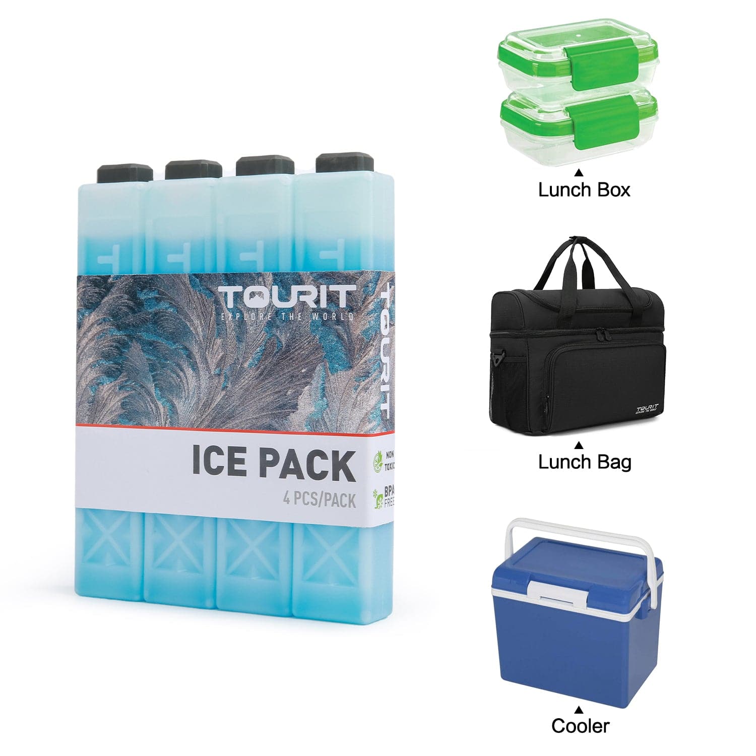 TOURIT 4 Pack Reusable Ice Packs for Coolers Long Lasting Cooler Ice Packs for Cooler Bag, Lunch Bags/Box, Cooler Backpacks, Knee Injuries, Back Pain Relief, Blue