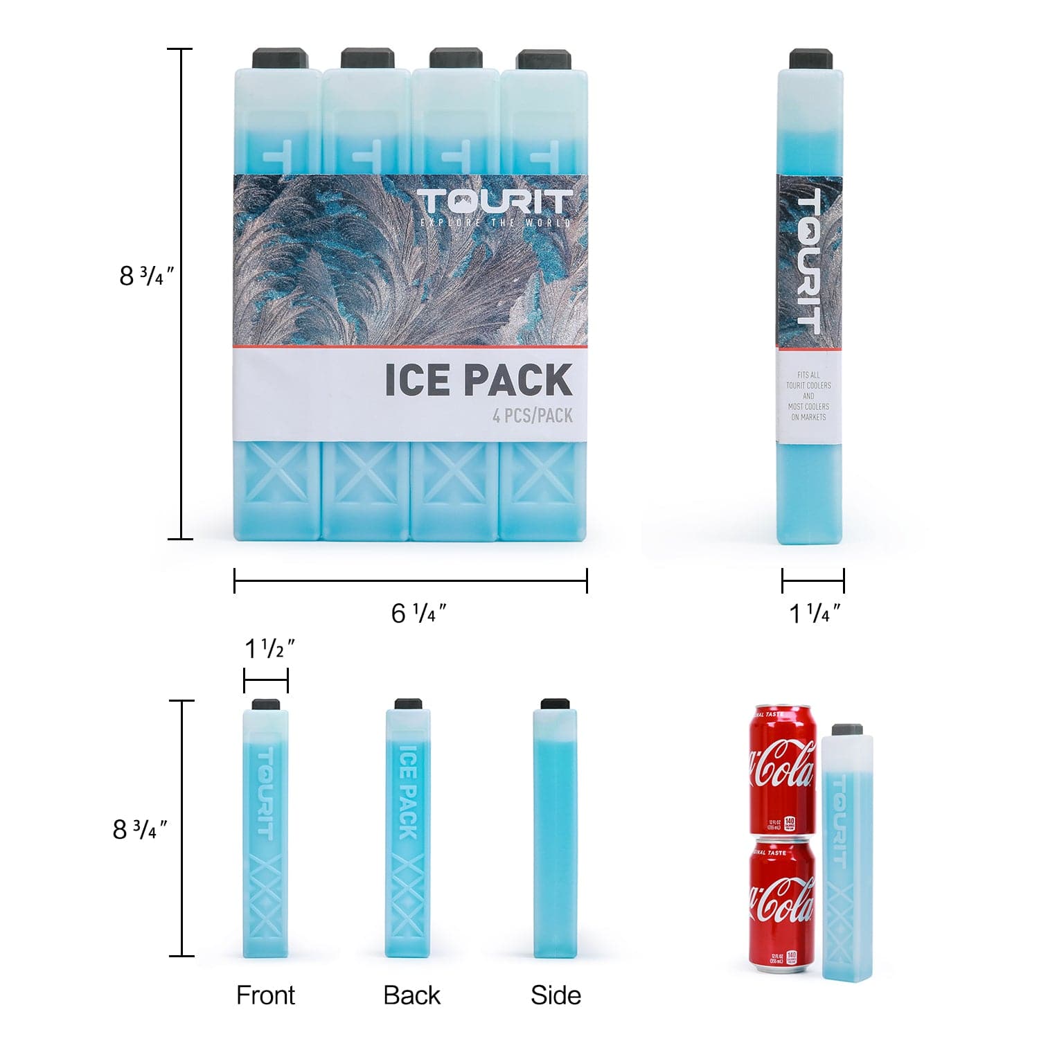 TOURIT 4 Pack Reusable Ice Packs for Coolers Long Lasting Cooler Ice Packs for Cooler Bag, Lunch Bags/Box, Cooler Backpacks, Knee Injuries, Back Pain Relief, Blue