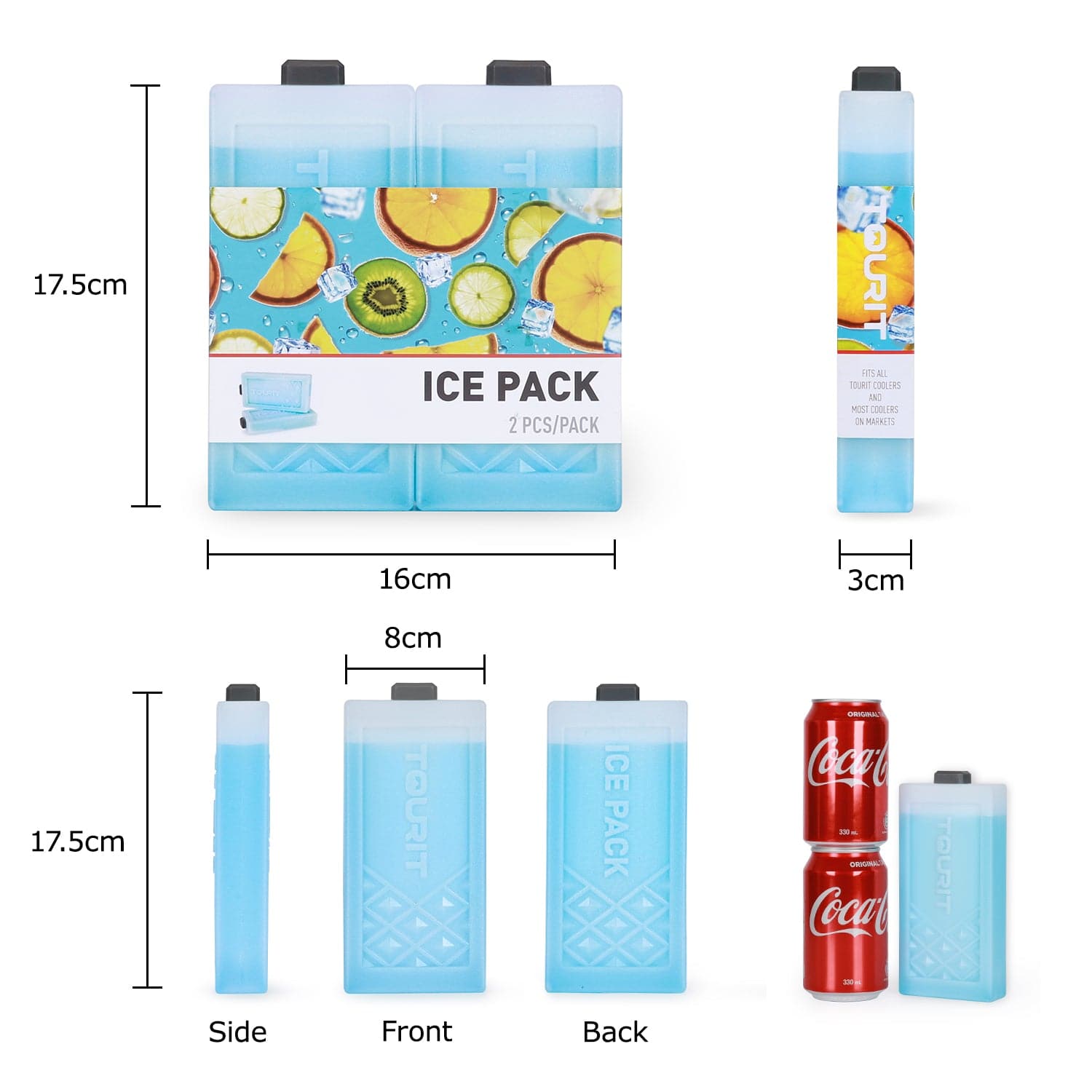 TOURIT 2 Pack Reusable Ice Packs for Coolers, Long Lasting Freezer Packs Ice Blocks for Lunch Bag/Box, Cooler Backpack for Camping, Beach, Picnics, Fishing, Blue