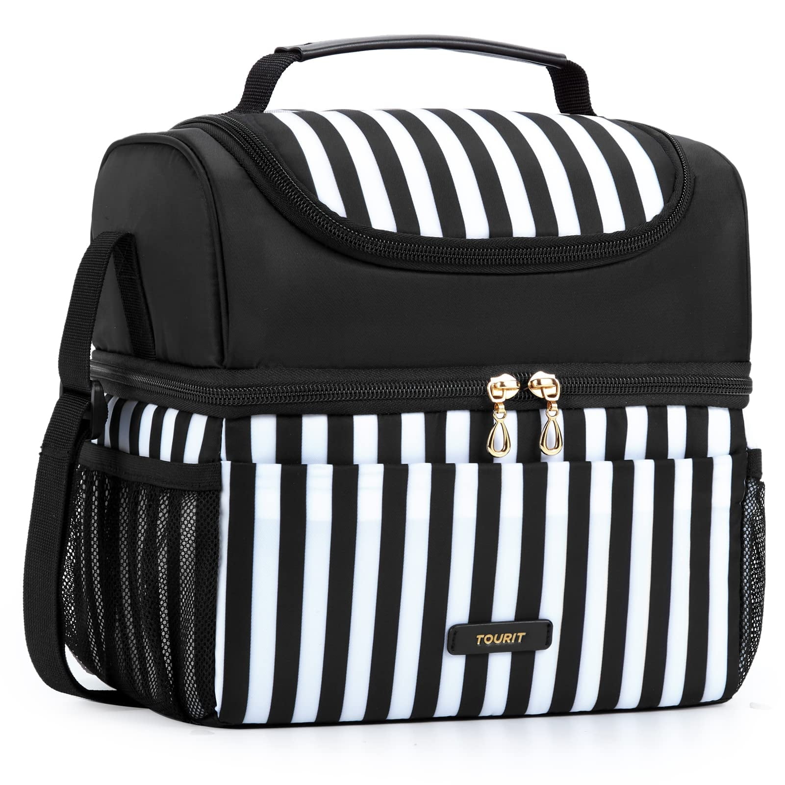 TOURIT Lunch Bag Dual Compartment Insulated Tote Lunch Box Cooler Bag with Shoulder Strap for Women, Men, Work, School, Picnic, Beach, Black White Stripes