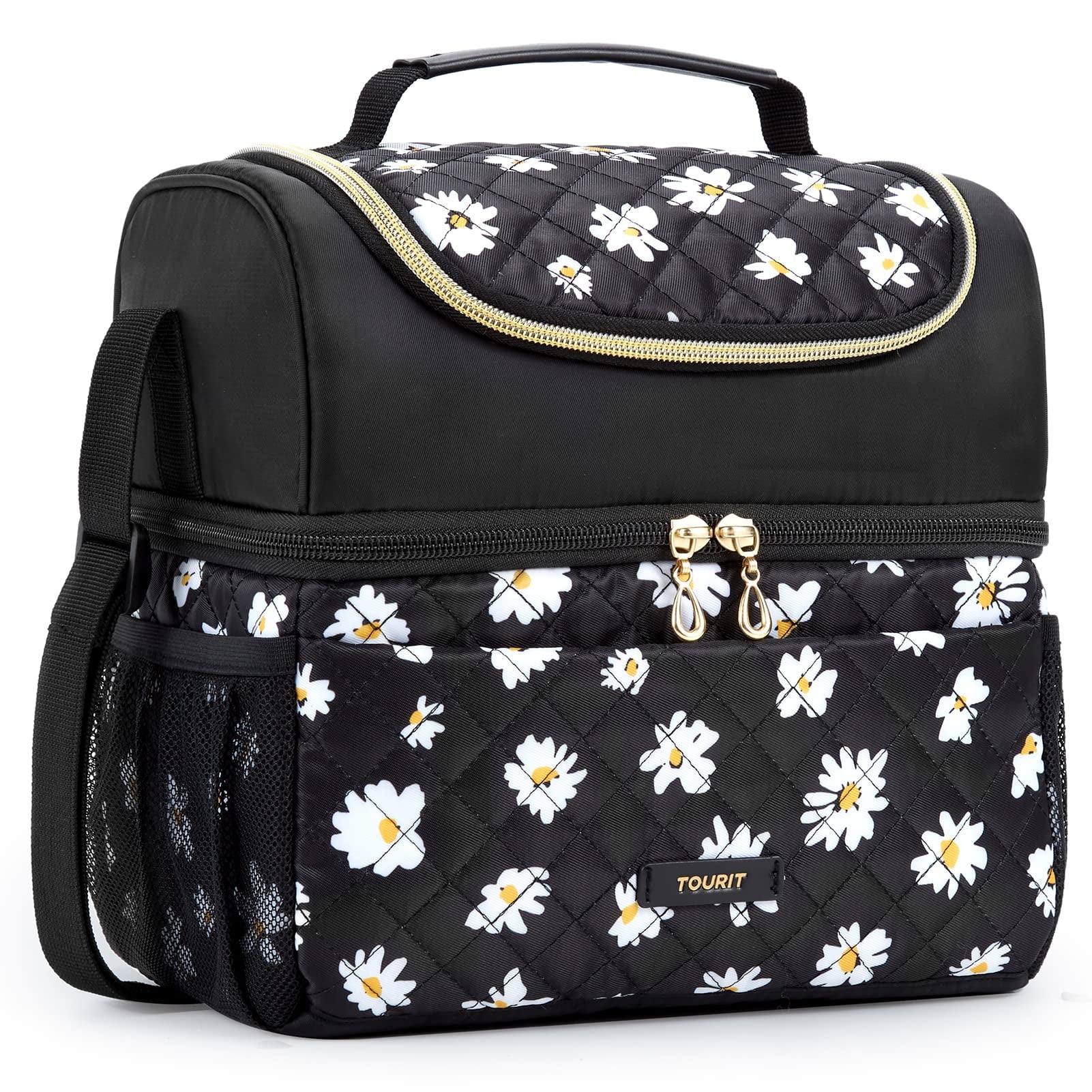 TOURIT Lunch Bag Dual Compartment Insulated Tote Lunch Box Cooler Bag with Shoulder Strap for Women, Men, Work, School, Picnic, Beach, Black with Daisy