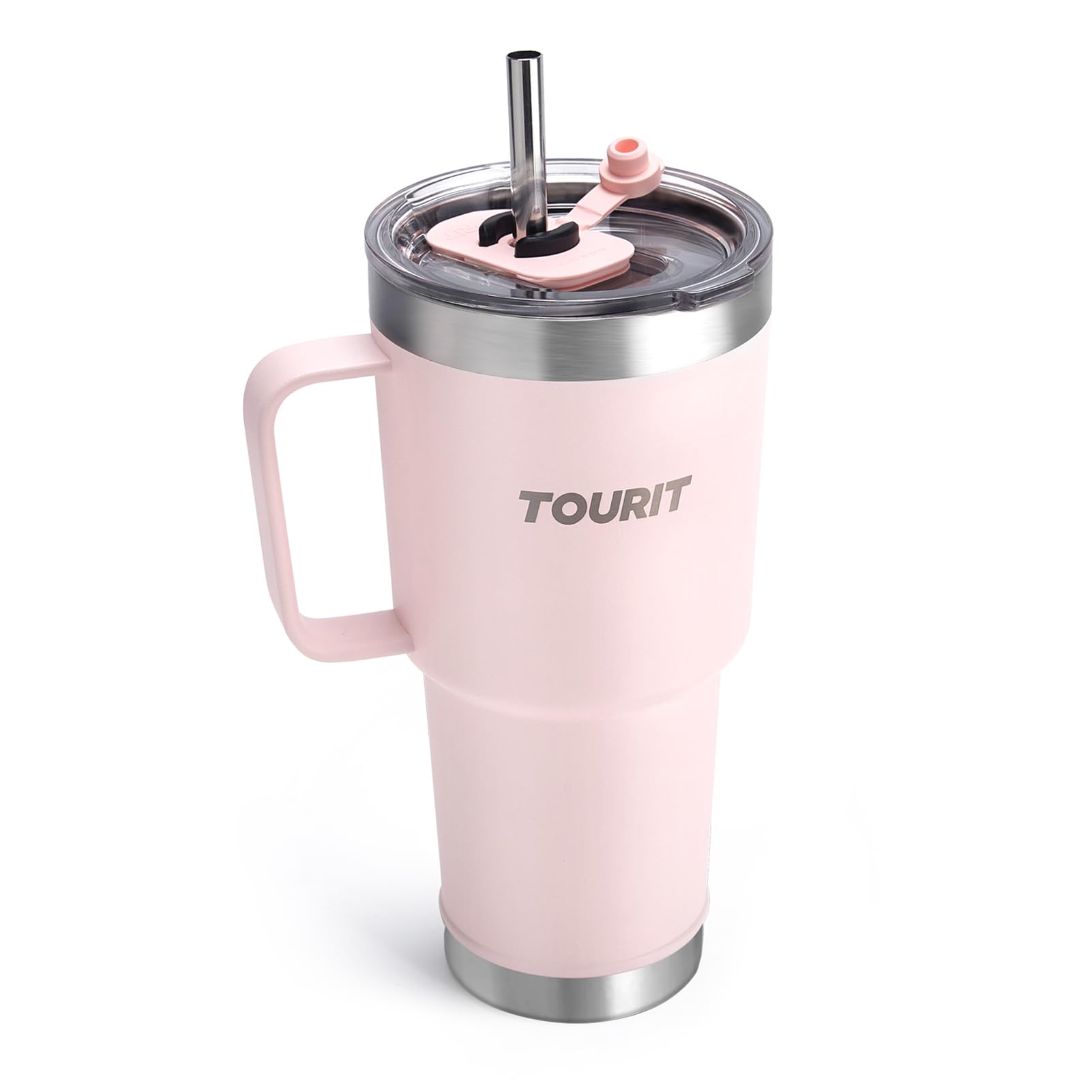 TOURIT Reusable Double Wall Vacuum Stainless Steel Insulated Tumbler 30 fl oz, Coffee Travel Mug Cups with 3 Way Lid, Straw & Handle, Water Bottle Sport for 34Hs Cold & 10Hs Hot, Women Men, Pink