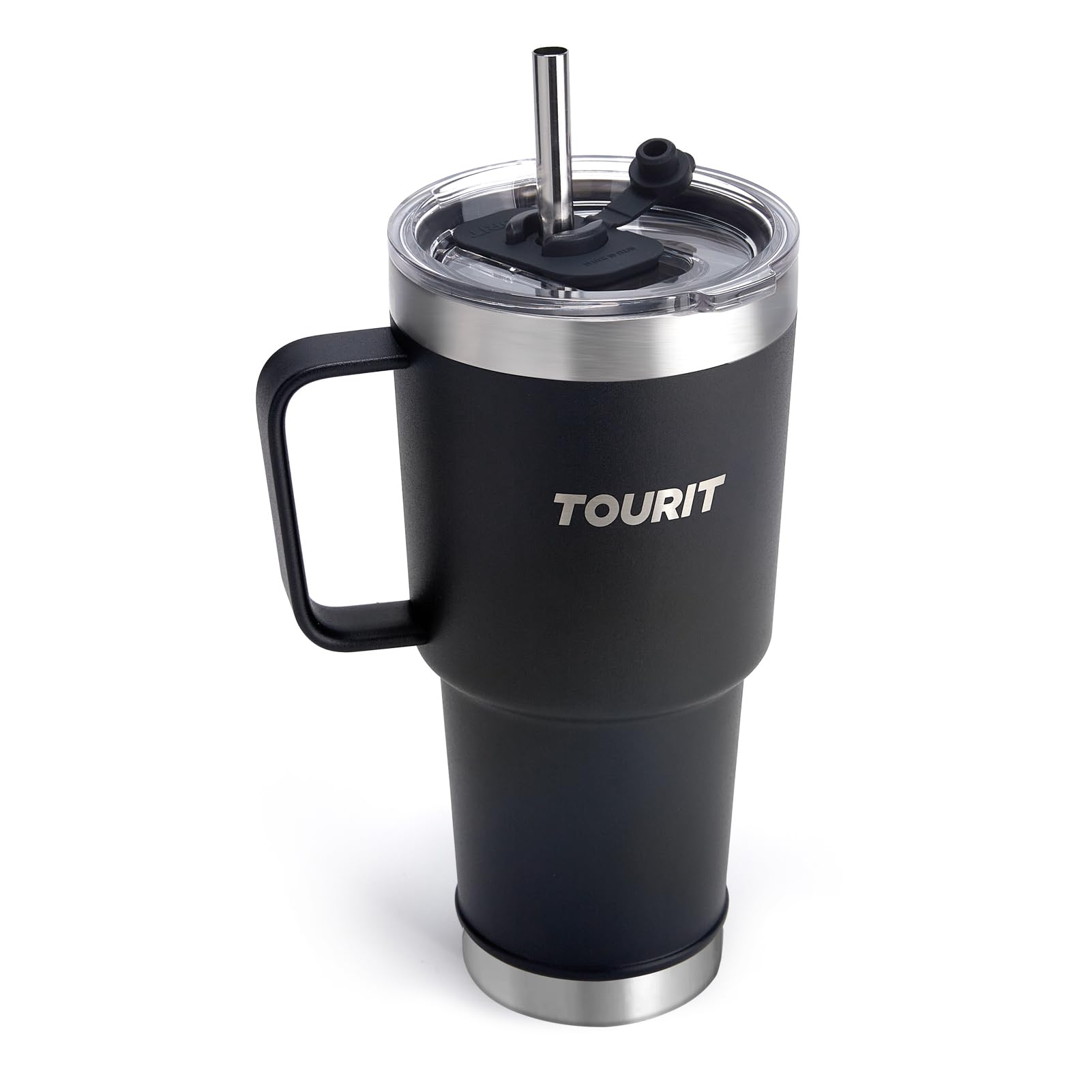 TOURIT Reusable Double Wall Vacuum Stainless Steel Insulated Tumbler 30 fl oz, Coffee Travel Mug Cups with 3 Way Lid, Straw & Handle, Water Bottle Sport for 34Hs Cold & 10Hs Hot, Women Men, Black