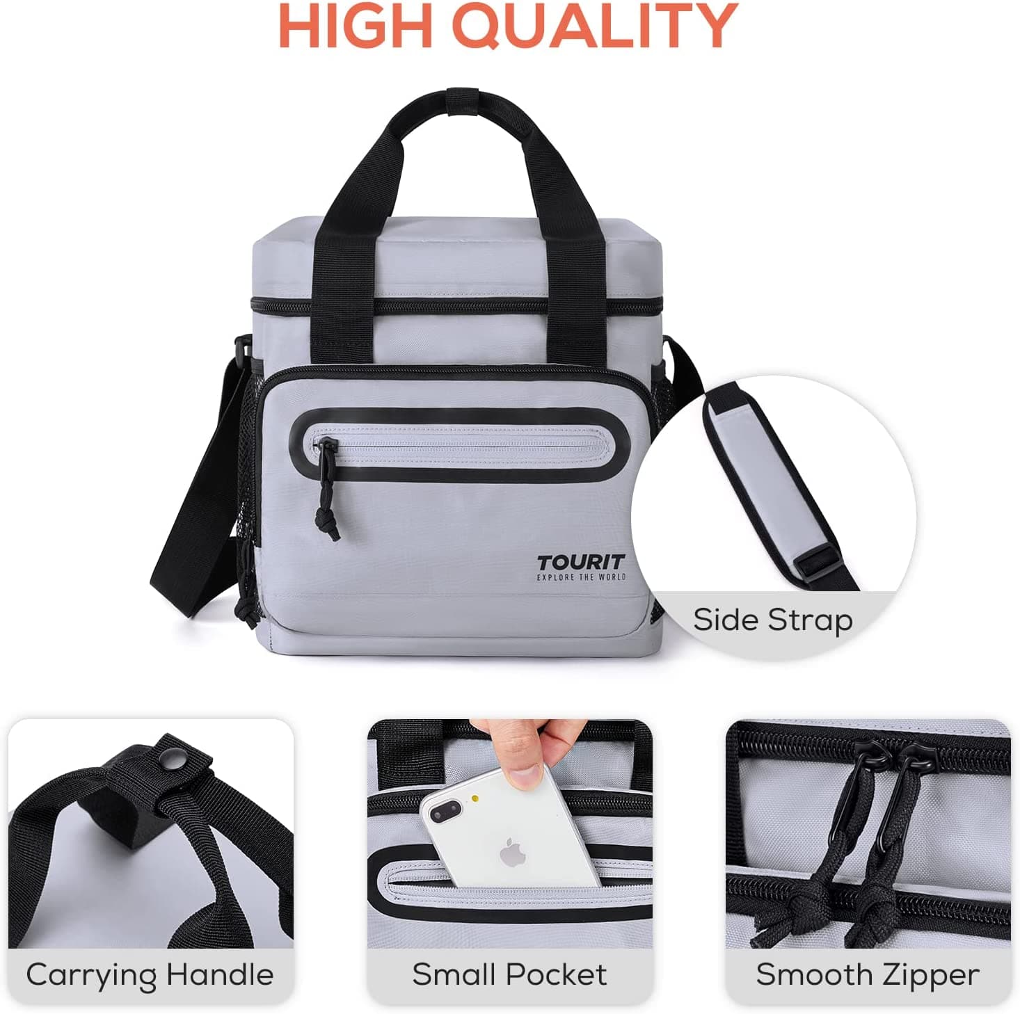 TOURIT Large Lunch Bag Reusable Insulated Tote Lunch Box Soft Cooler Bag Suitable for Work, School, Picnic, Beach for Men & Women, Gray