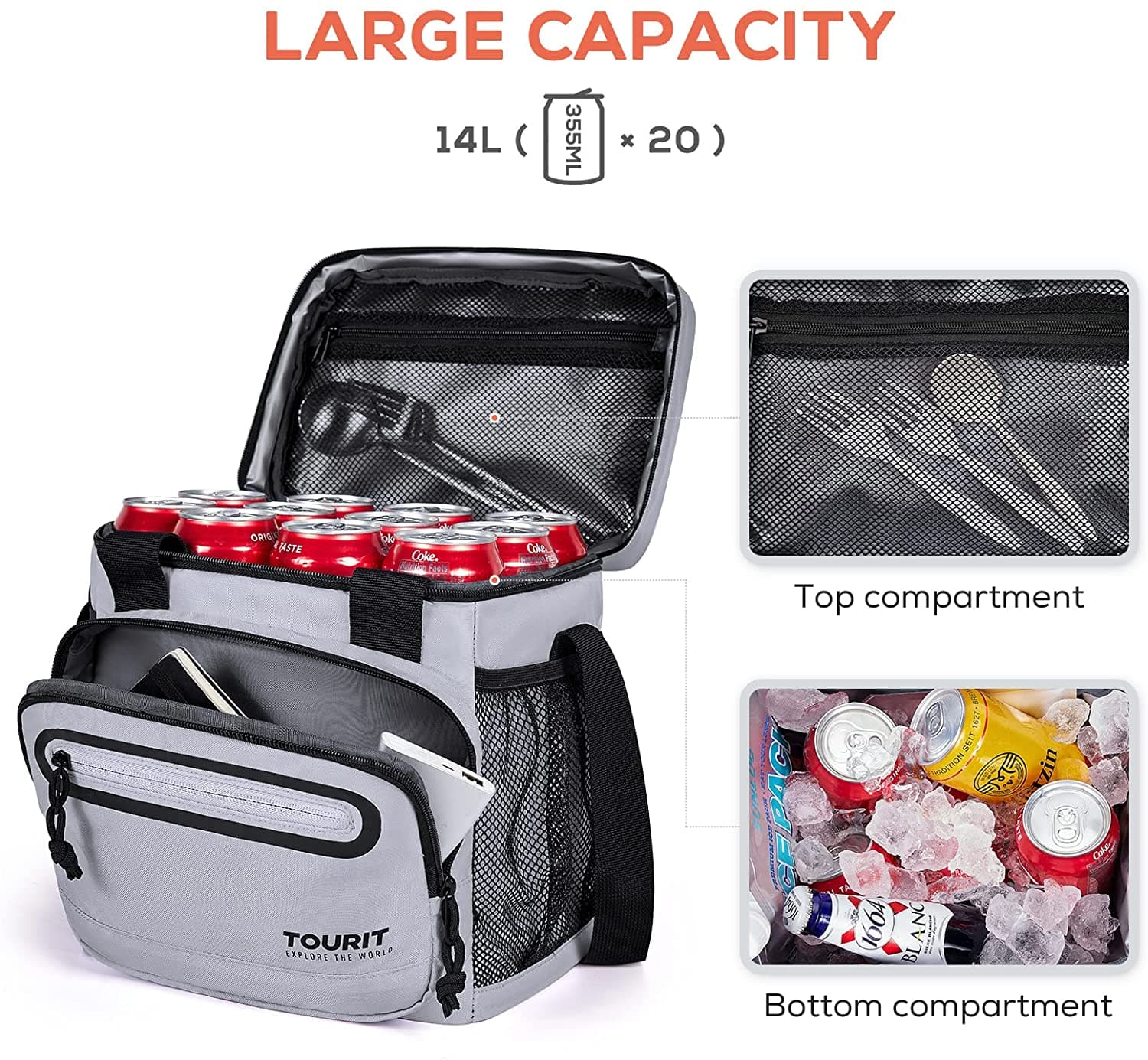 TOURIT Large Lunch Bag Reusable Insulated Tote Lunch Box Soft Cooler Bag Suitable for Work, School, Picnic, Beach for Men & Women, Gray