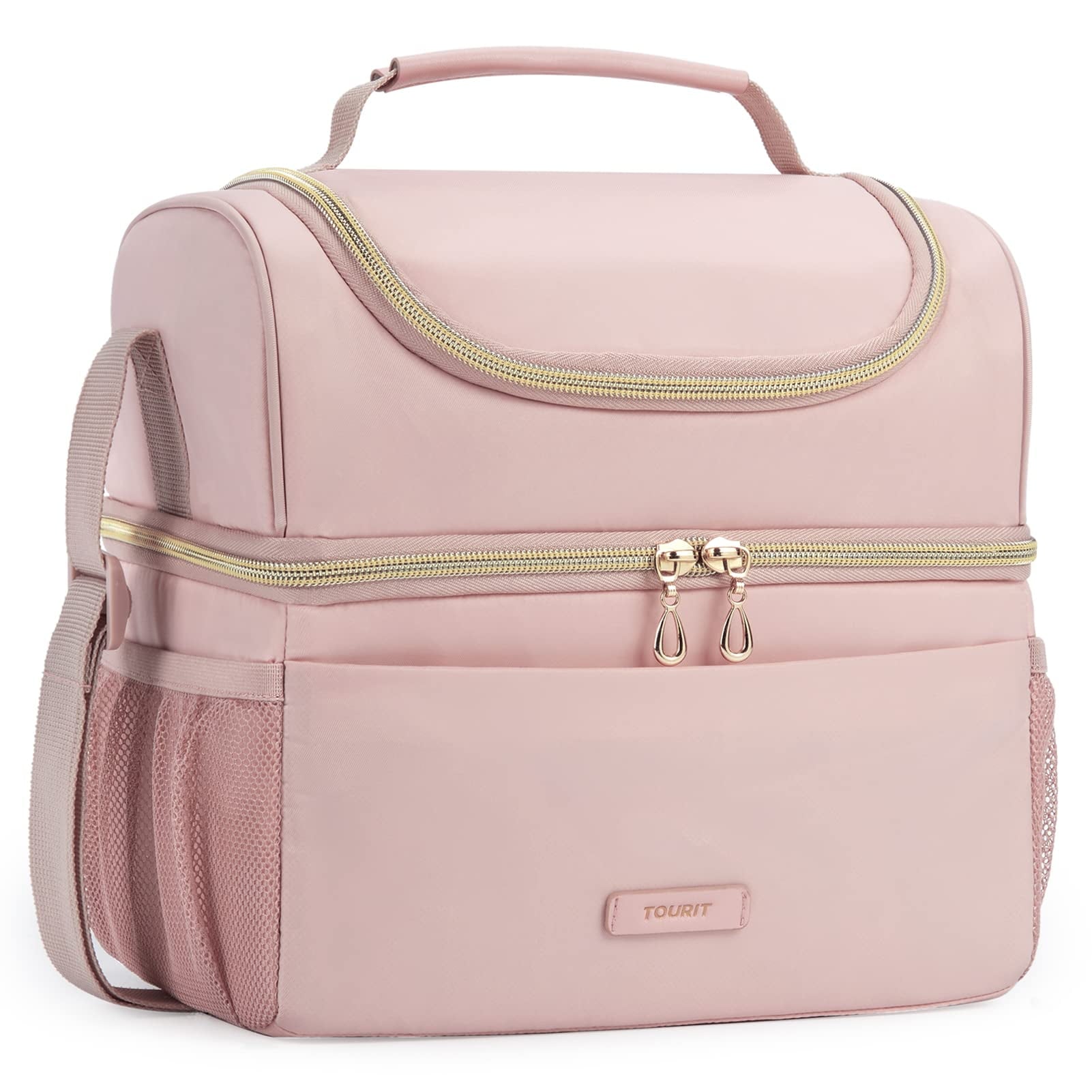TOURIT Lunch Bag Dual Compartment Insulated Tote Lunch Box Cooler Bag with Shoulder Strap for Women, Men, Work, School, Picnic, Beach, Pink